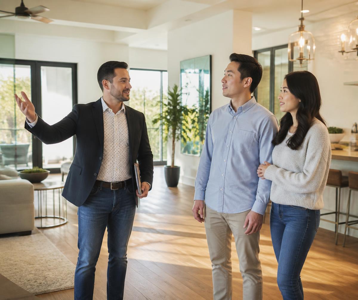 Real estate agent showing a couple around the living room of a modern home.
